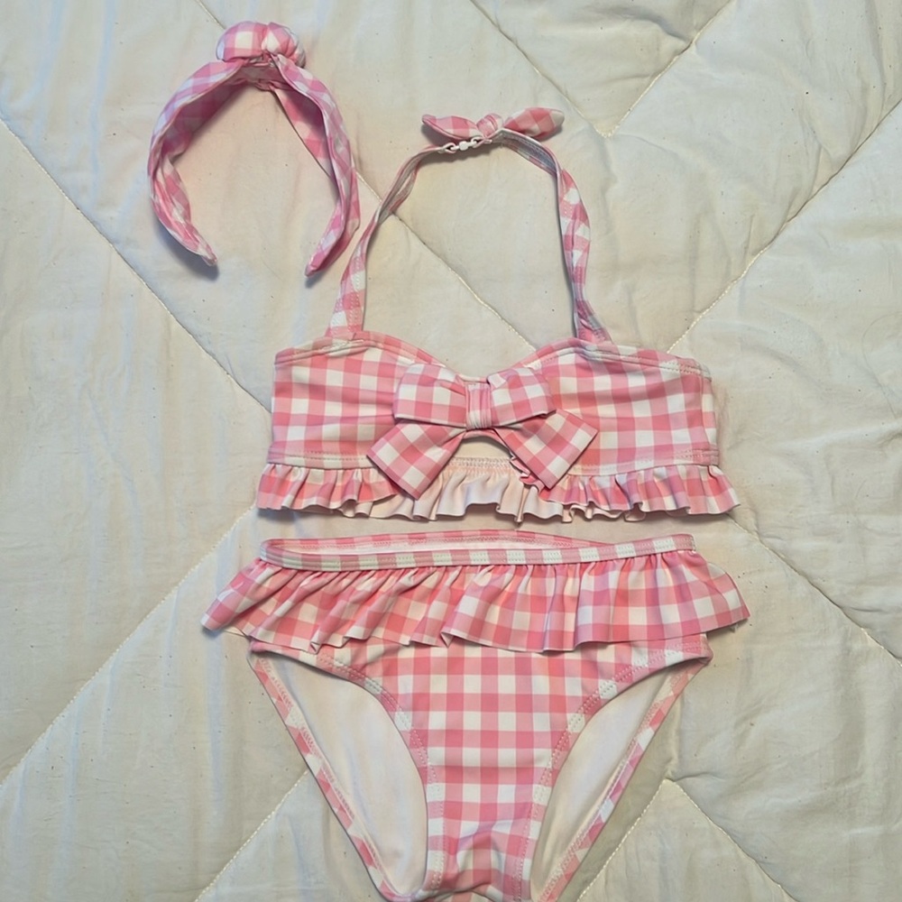 Janie and Jack Pink Gingham Ruffle Bikini Set with Bow